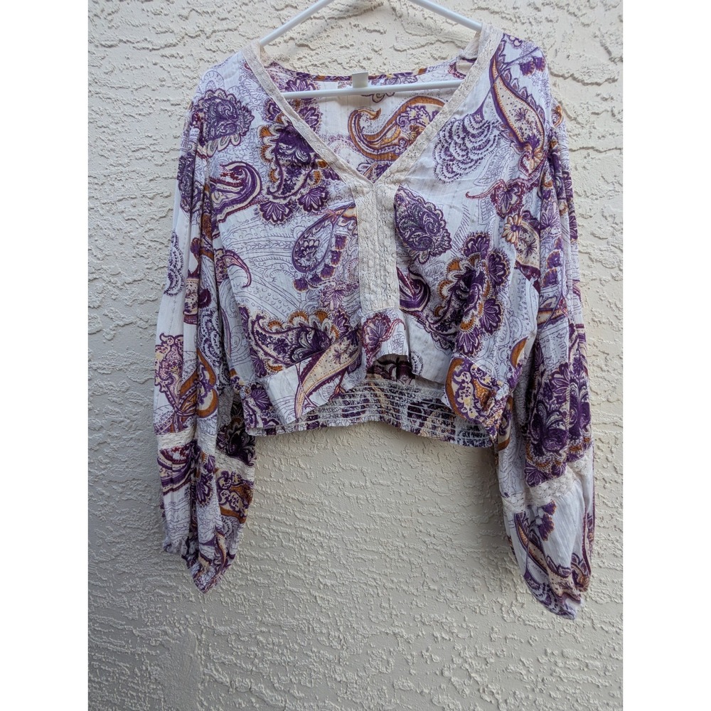 Band of the Free Mirabelle Cream Purple‎ Paisley Lace Crop Top Sz Large